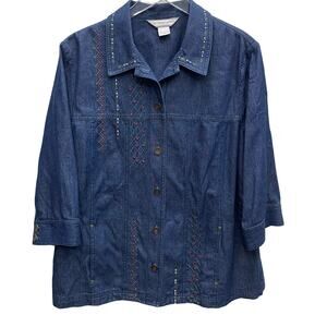 Allison Daley Denim 3/4 Sleeve Button-Front Shirt With Embroidered Detail SZ 16